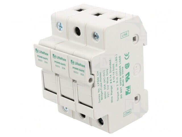 Clemă siguranțe cilindrice 10x38mm pentru șină DIN 30A 600V