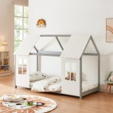 Pat casuta copii design semi deschis Tostedt 90x200 cm brad gri/alb [en.casa] HausGarden Leisure