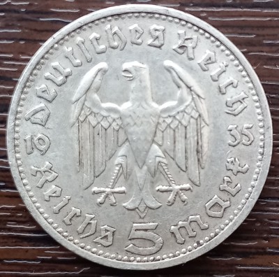(A626) MONEDA DIN ARGINT GERMANIA - 5 MARK 1935, LIT. D, PAUL VON HINDENBURG foto