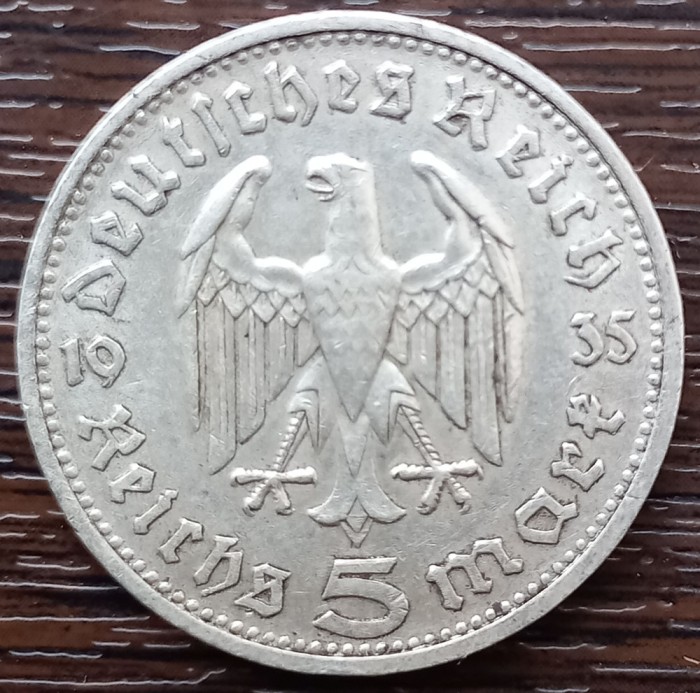 (A626) MONEDA DIN ARGINT GERMANIA - 5 MARK 1935, LIT. D, PAUL VON HINDENBURG