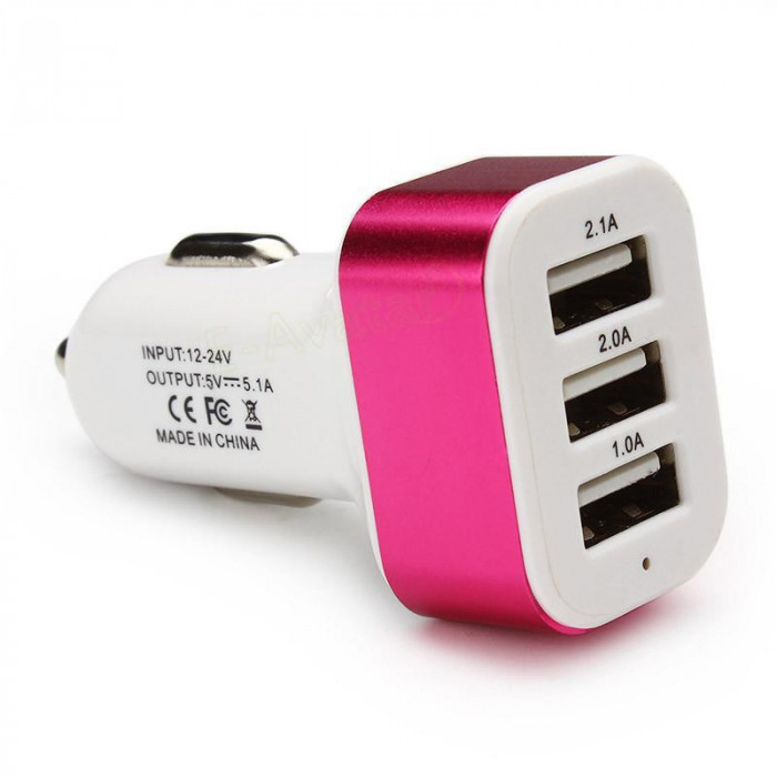 Adaptor Priza Bricheta MRG L-180, 12-24V auto, 3 x USB, Roz C180