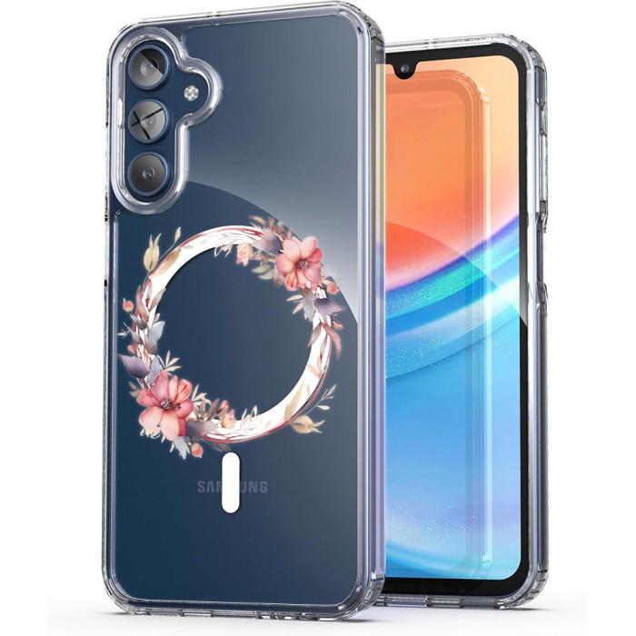 Husa pentru samsung galaxy a15 4g, atasare magnetica, magsafe, pink wreath 8, clear