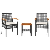 Cumpara ieftin Set bistro cu perne, 3 piese, negru, poliratan si lemn acacia