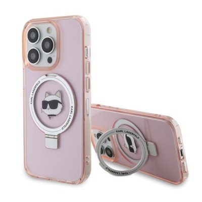 Husa pentru iPhone 15 Pro - Karl Lagerfeld Hardcase Ring Stand MagSafe (KLHMP15LHMRSCHP) - Pink Choupette Head foto
