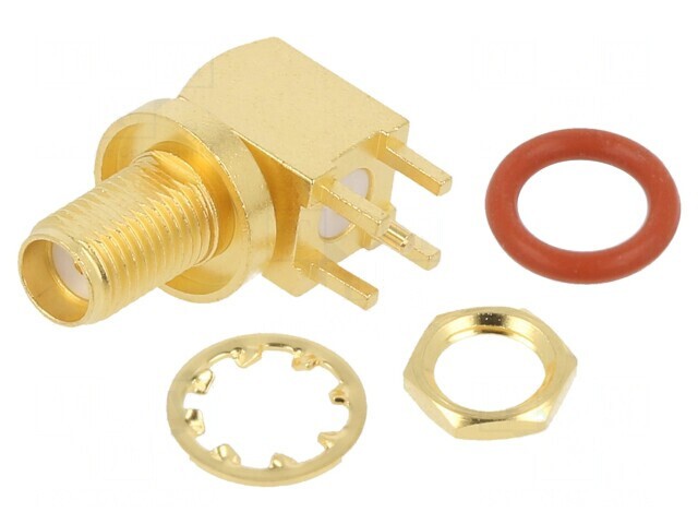 Soclu SMA Mamă 90&deg; Aurit 50&Omega; THT PTFE Alamă