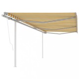 VidaXL Copertină retractabilă automat, cu st&acirc;lpi, galben&amp;alb, 6x3,5 m