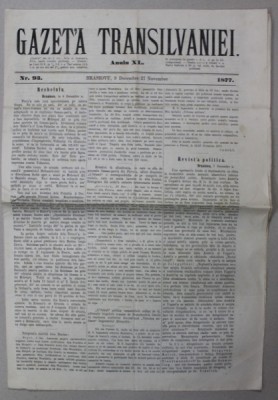 GAZETA TRANSILVANIEI , BRASOV , REDACTOR IACOB MURESIANU , ANUL XL , NR. 93 , 9 DECEMBRIE , 1877 foto