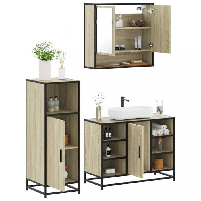 vidaXL Set mobilier de baie, 3 piese, stejar sonoma, lemn prelucrat 3301001