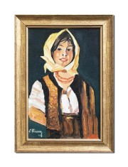 Tablou inramat pictat manual, Tarancuta cu basma galbena, 35x25cm ulei panza, reproducere Nicolae Grigorescu