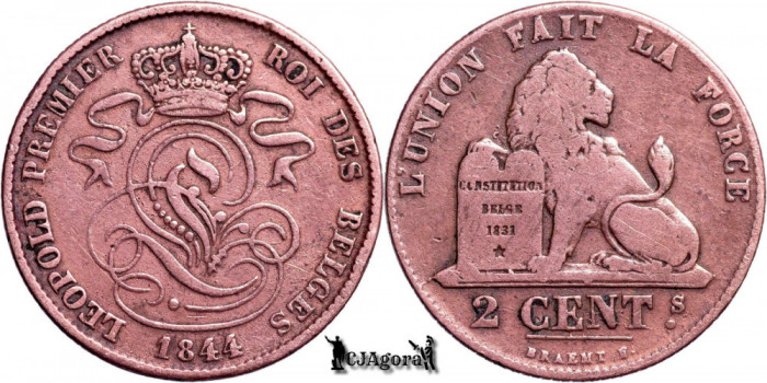1844, 2 Centimes - Leopold I - Regatul Belgiei - eroare batere