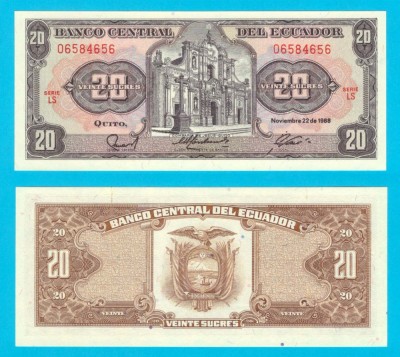 Ecuador 20 Sucres 1988 &amp;#039;Compania de Jesus&amp;#039; UNC serie: LS 06584656 p121A foto