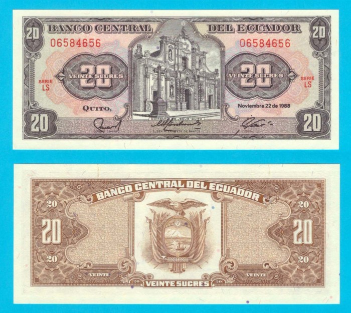 Ecuador 20 Sucres 1988 &#039;Compania de Jesus&#039; UNC serie: LS 06584656 p121A