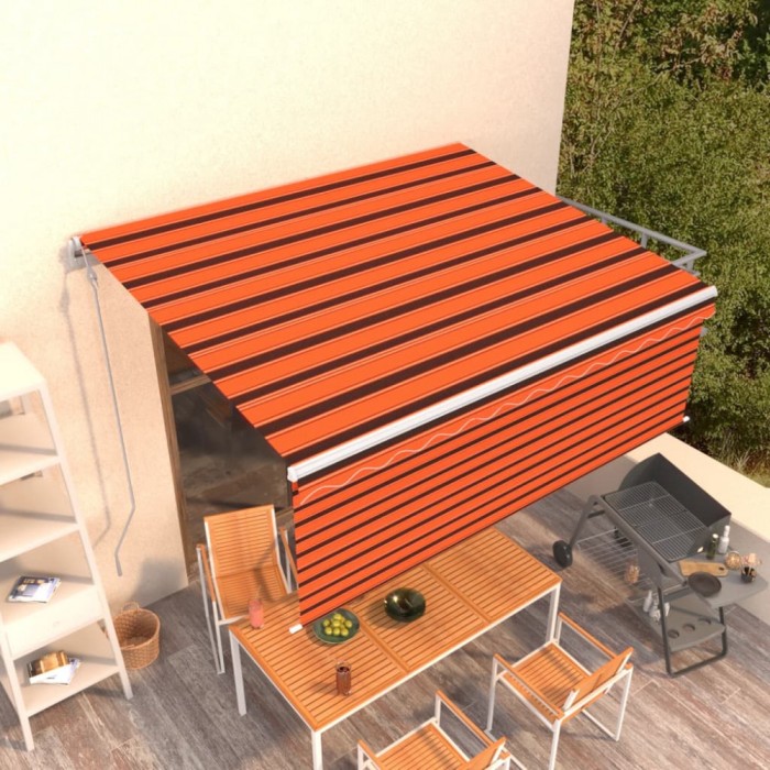 Copertină retractabilă automat cu stor, portocaliu&amp;maro, 4x3 m