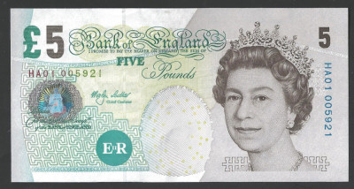 MAREA BRITANIE █ bancnota █ 5 Pounds █ 2002 █ P-391a █ Lowther █ Seria HA !█ UNC foto