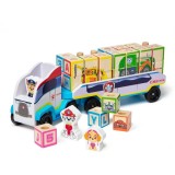 Camion cu remorca, 28 cuburi din lemn cu litere si 3 figurine paw patrol, patrula catelusilor, Melissa &amp; Doug