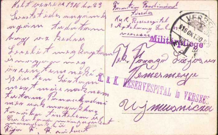 HST CP83 Carte poștală 1916 kuk Reservespital V&acirc;rșeț circulată Moșnița Nouă