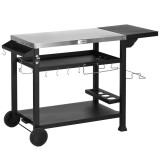 Outsunny Carucior Masa pentru Gratar cu Masa Laterala Pliabila, Blat din Otel Inoxidabil, Carucior Portabil pentru Gratar cu 2 Roti, 6 Carlige