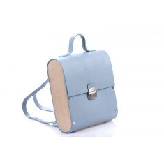 Rucsac dama din piele naturala si lemn reciclat, lucrat manual, Dory, Handmade, Bleu, Produsa in Romania