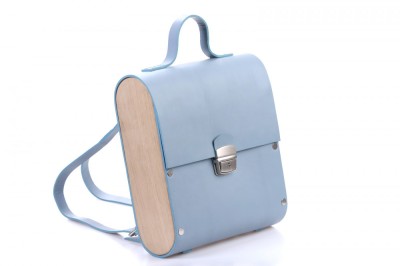 Rucsac dama din piele naturala si lemn reciclat, lucrat manual, Dory, Handmade, Bleu, Produsa in Romania foto