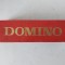 Joc DOMINO vintage, 28 de table de joc, de lemn, cutie rosie de carton cu scris auriu,