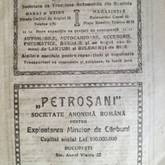 reclama ”Petrosani” SAR Exploatarea Minelor Carbuni , 1922, 16 x 23 cm, Petrosa