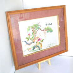 Tablou pictura brodata Gu, fir matase, rama originala - scoala Xiang Xiu, China