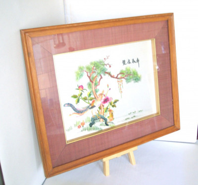 Tablou pictura brodata Gu, fir matase, rama originala - scoala Xiang Xiu, China foto