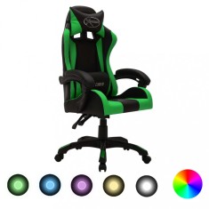 Scaun de jocuri cu LED RGB, verde si negru, piele ecologica foto