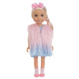 Papusa Fashion Girl cu vesta roz din imitatie de blana si panglica par, 45 cm, General