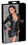 Rochie neagra cu maneca lunga, aspect mat, cu guler extravagant cu gat inalt