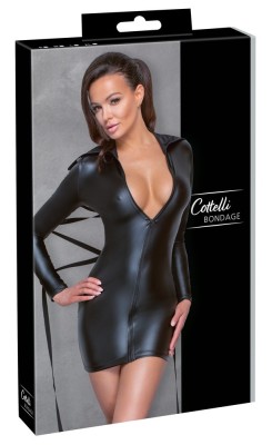 Rochie neagra cu maneca lunga, aspect mat, cu guler extravagant cu gat inalt foto