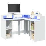 vidaXL Birou cu lumini LED, alb, 130x130x91 cm, lemn prelucrat