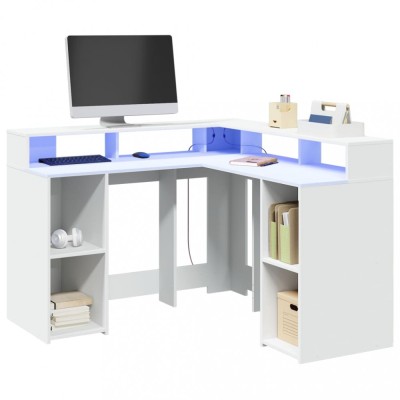 vidaXL Birou cu lumini LED, alb, 130x130x91 cm, lemn prelucrat foto