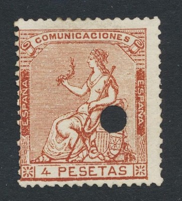 Spain 1873 Hispania 4 Peseta Mi.133 PUNCH HOLE used telegraphic cancels AM.431 foto