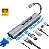 9in1 Convertor USB-C Type-C la HDMI, VGA, USB 3.0, USB-C, Cititor SD / MicroSD