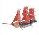 Set de Construit din Lemn, Macheta 3D, Copii si Adulti, 77 piese, Vas cu Vele Rosii, 8+ ani