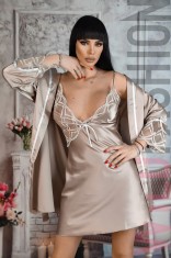 Q779-8 Set 2 piese lenjerie elegant-casual din desu si halat cu material satinat si plasa cu model