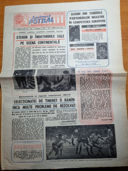 sportul fotbal 24 iulie 1987-articol steaua bucuresti,costel pana,u.craiova