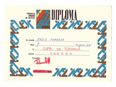 Diploma Federatia romana de natatie, 1979 foto