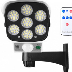 Lampa solara tip camera video falsa, 77 LED, senzor de miscare, telecomanda