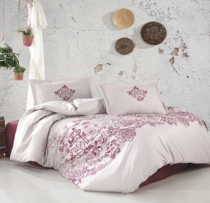 Lenjerie pat dublu,bumbac ranforce,4 piese,alba roz cu flori Mandora-A159