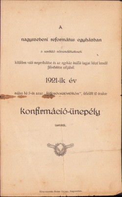 HST A1414 Program ceremonial confirmare religioasă Biserica Reformată Sibiu 1921 foto