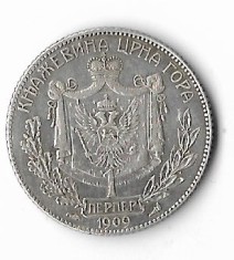 Moneda 1 perper 1909 - Muntenegru, 5 g argint 0,835