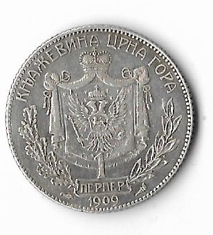 Moneda 1 perper 1909 - Muntenegru, 5 g argint 0,835 foto