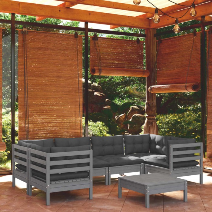 vidaXL Set mobilier de grădină cu perne, 7 piese, gri, lemn masiv pin 3097303