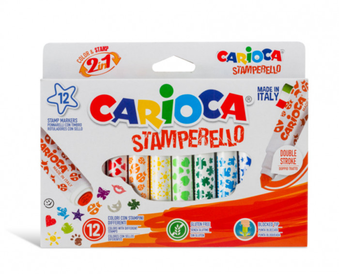 Set 12 Markere Lavabile, Cu 12 Stampile Diverse Forme, Cutie Carton, Carioca Stamperello