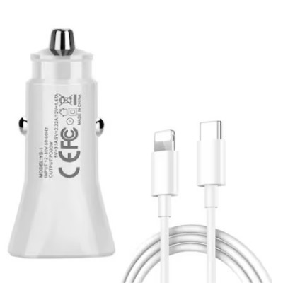 Set Incarcator Auto Fast Charge 20W si Cablu de Date Fast Charge 1M Type-C-Lightning, Alb foto