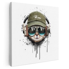 Tablou pisica cu casti ascultand muzica, maro 1391 Tablou canvas pe panza CU RAMA 30x30 cm