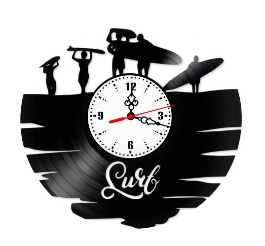 Ceas de perete decorativ, Surf / Surfing, realizat din disc de vinil (Vinyl Record), 30 cm, mecanism silențios, negru