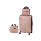 Set Valize Leziter TraveLux Pro XIV, 3 Piese (Mana, Medie, Trusa), ABS, Carcasa Rigida, Roz Auriu, Roti 360, Maner Telescopic
